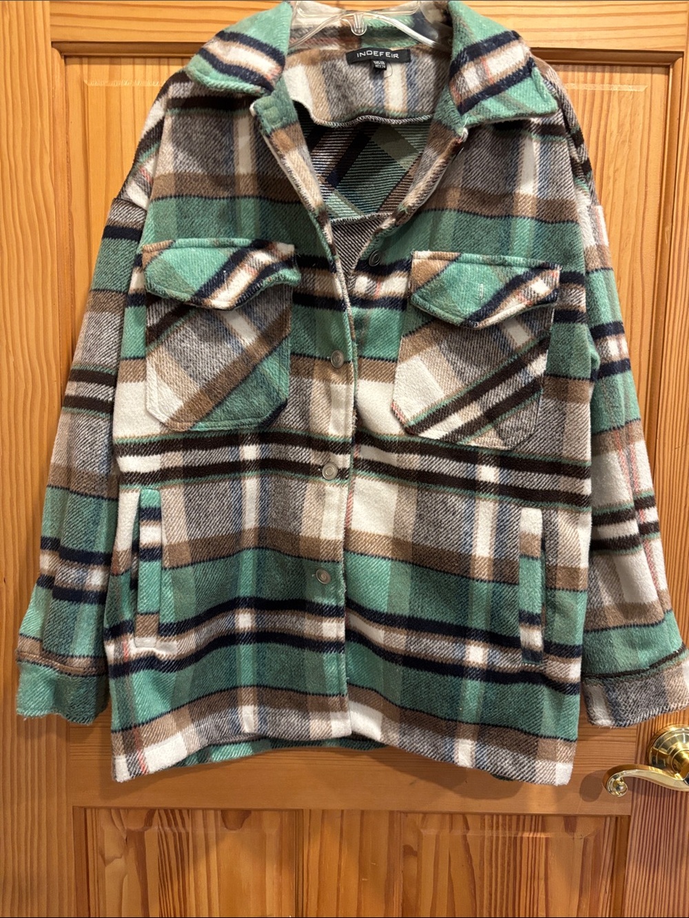 INDEFEIR Green Brown White Plaid Shacket - XS